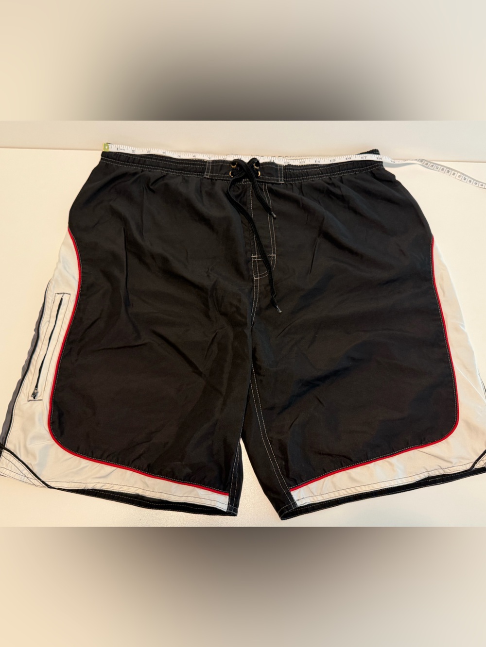 burnside Black Swim Shorts with White Panels and Red Piping